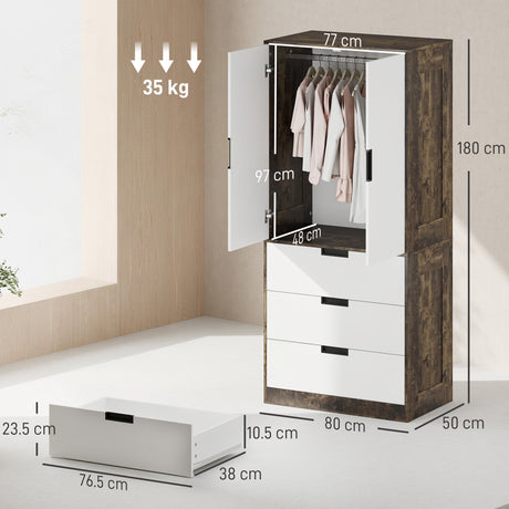 Wooden Wardrobe 80cm Wide With 2 Doors And 3 Drawers - Velmora