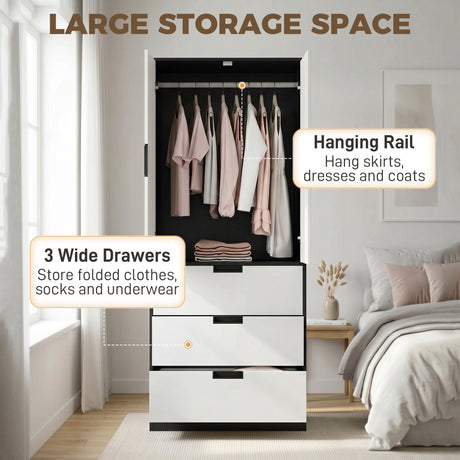 Wooden Wardrobe 80cm Wide With 2 Doors And 3 Drawers - Velmora