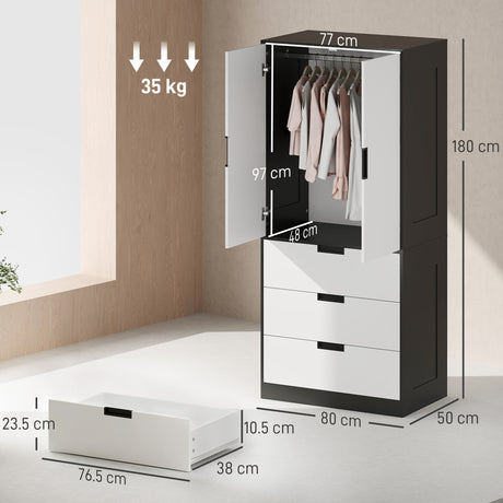 Wooden Wardrobe 80cm Wide With 2 Doors And 3 Drawers - Velmora