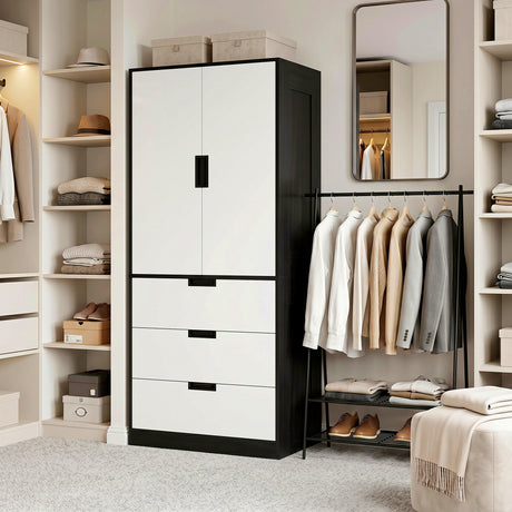 Wooden Wardrobe 80cm Wide With 2 Doors And 3 Drawers - Velmora