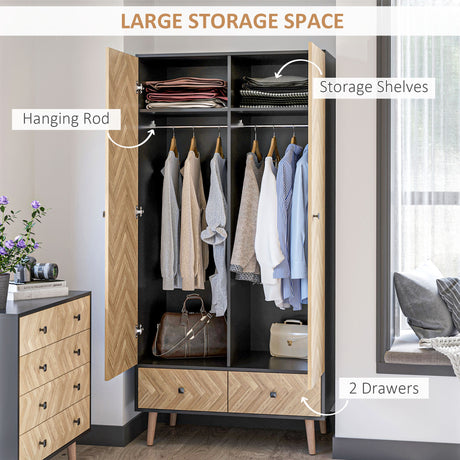 Wooden Wardrobe 90cm Wide With 2 Doors And 2 Drawers - Velmora