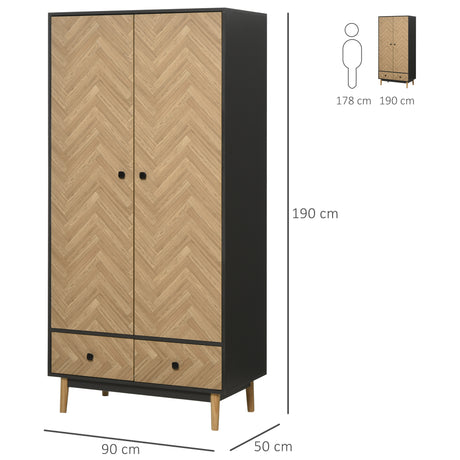 Wooden Wardrobe 90cm Wide With 2 Doors And 2 Drawers - Velmora
