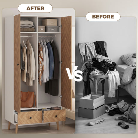 Wooden Wardrobe 90cm Wide With 2 Doors And 2 Drawers - Velmora