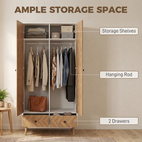 Wooden Wardrobe 90cm Wide With 2 Doors And 2 Drawers - Velmora