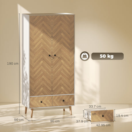 Wooden Wardrobe 90cm Wide With 2 Doors And 2 Drawers - Velmora