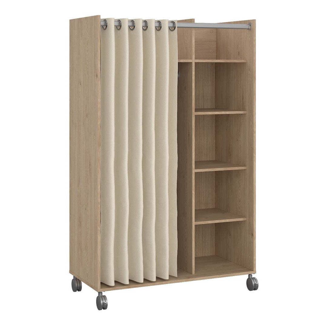 Wooden Wardrobe Open Mobile With Beige Textile Curtain On Wheels - Uppsala