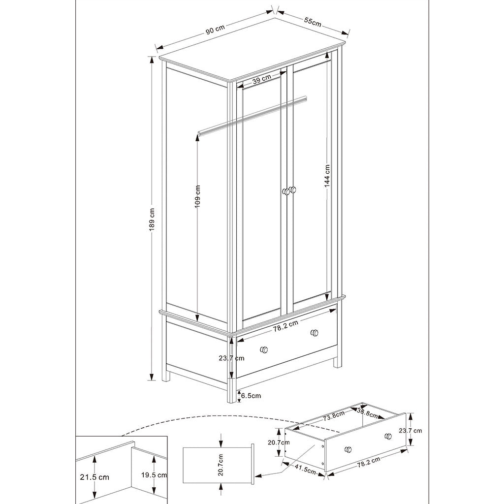 Wooden Wardrobe With 2 Doors And 1 Drawer - Nairn