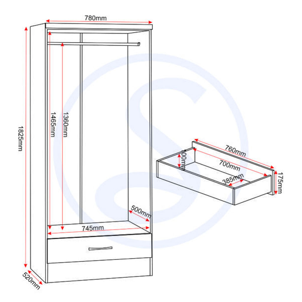 Wooden Wardrobe With 2 Doors And 1 Drawer - Nevada