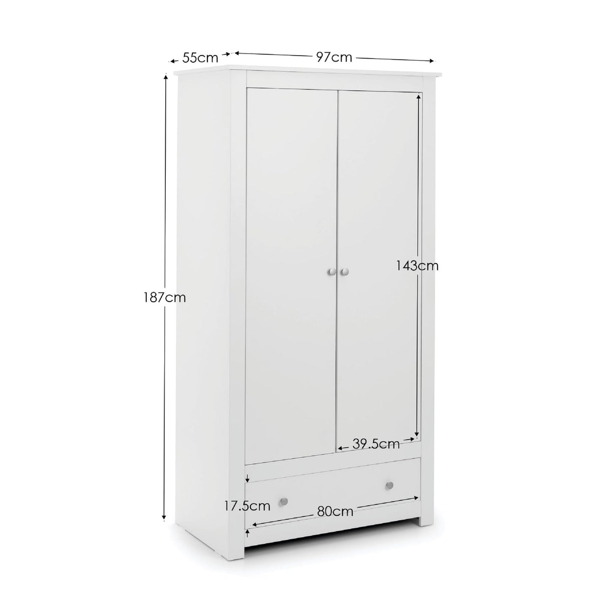 Wooden Wardrobe With 2 Doors And 1 Drawer - Radley