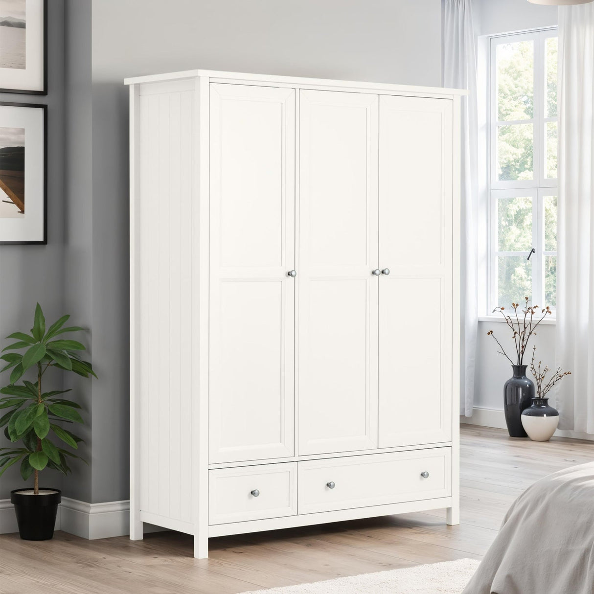 Wooden Wardrobe With 3 Doors And 2 Drawers - Maine