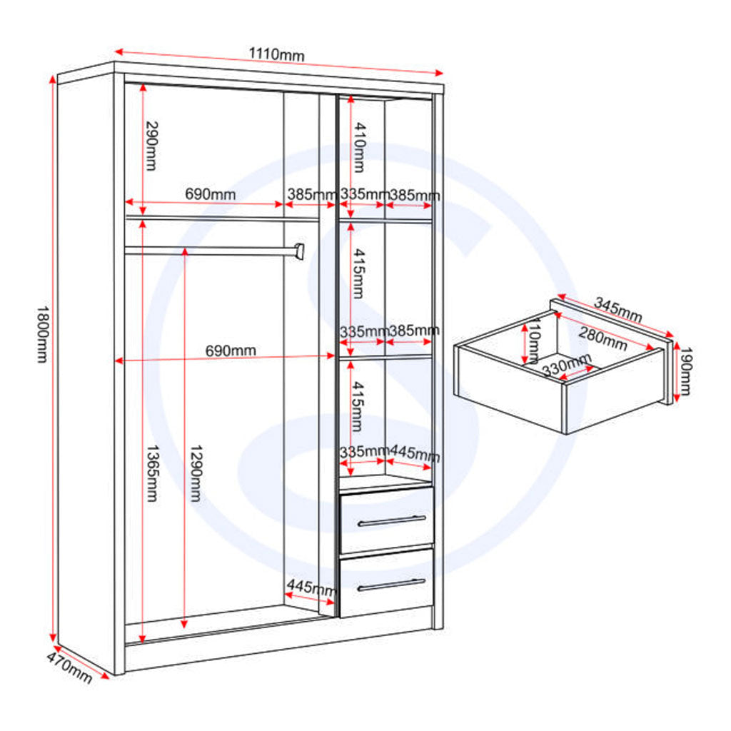 Wooden Wardrobe With 3 Doors And 2 Drawers - Seville