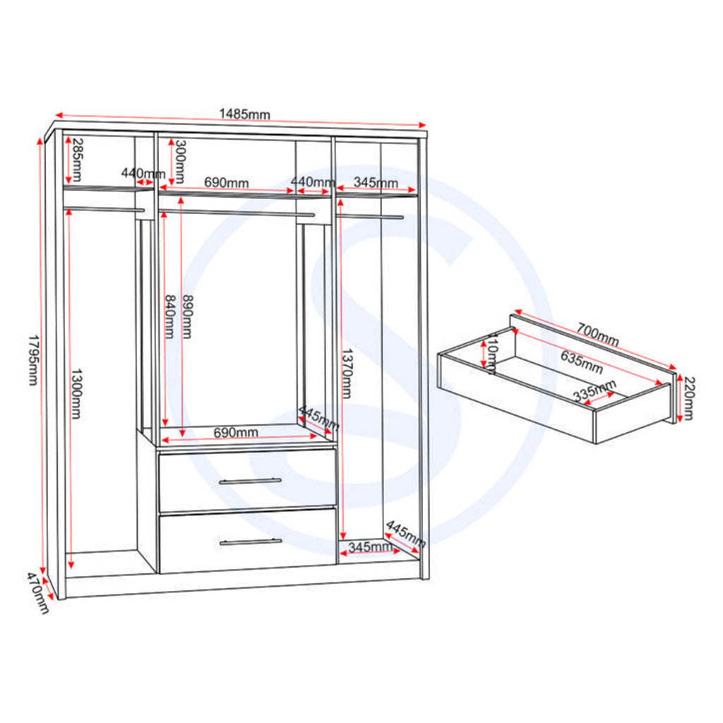 Wooden Wardrobe With 4 Doors And 2 Drawers - Seville